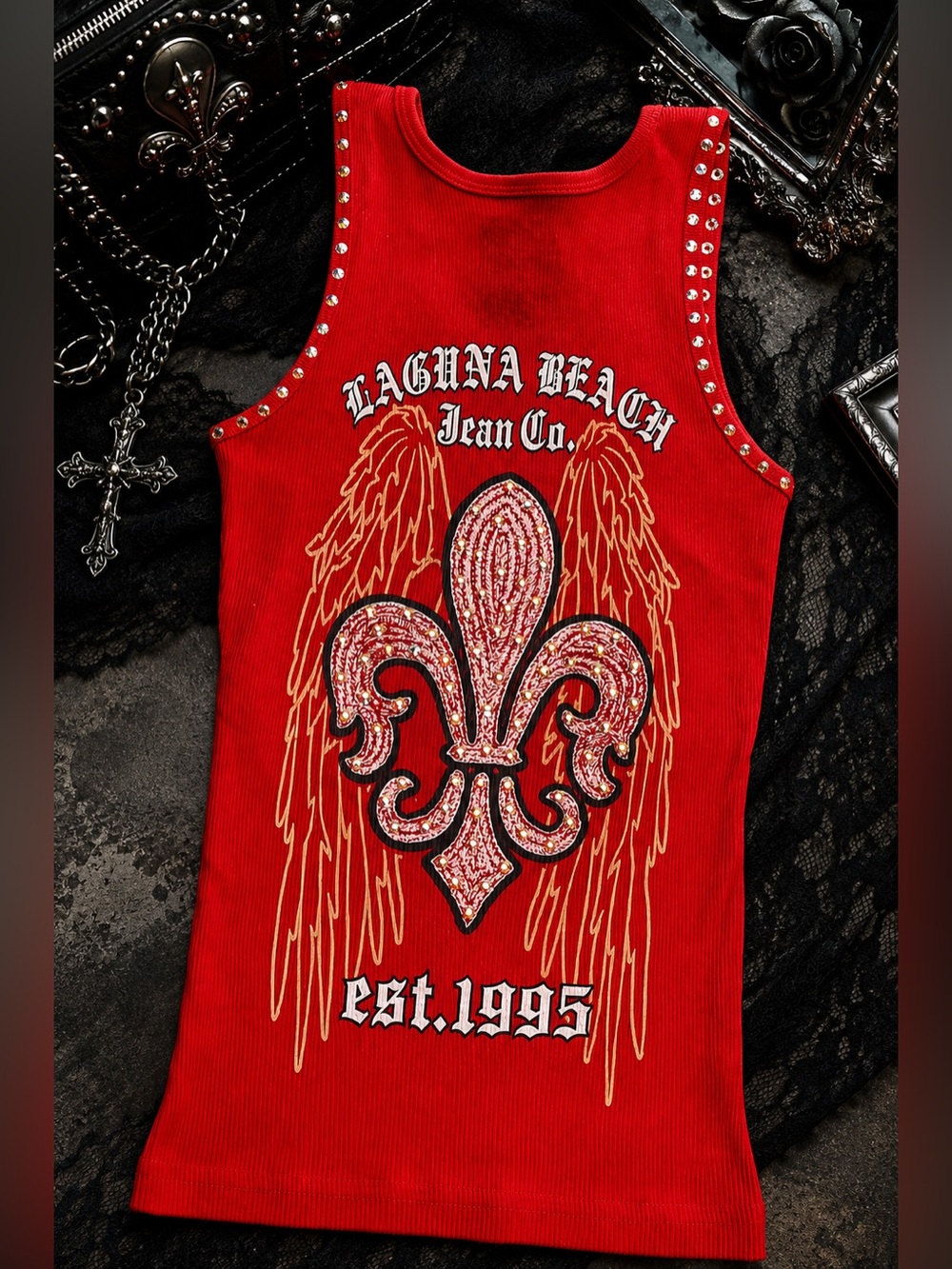 Vintage Y2K Laguna Beach Jean Co Red Rhinestone Fleur de Lis Tank S